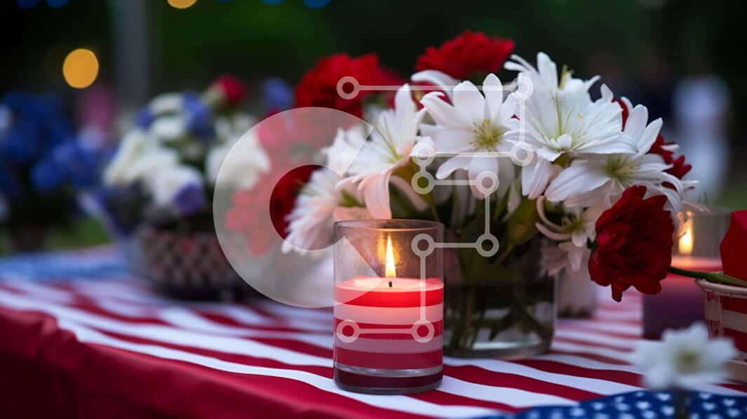 Intra Συλλεκτικό Ξύλινο Παζλ Plywood  4mm - Πατριωτική διακόσμηση τραπεζιού με τραπεζομάντιλο και λουλούδια με θέμα την αμερικανική σημαία Σε Ξύλινο Κουτί - Διαστάσεις: 10x10 cm – 25 κομμάτια