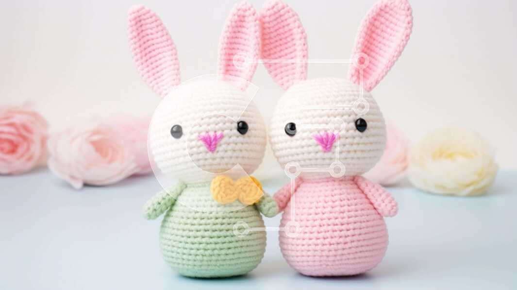 Intra Συλλεκτικό Ξύλινο Παζλ Plywood  4mm - Πασχαλινά κροσέ κουνελάκια στο τραπέζι με λουλούδια Σε Ξύλινο Κουτί - Διαστάσεις: 10x10 cm – 25 κομμάτια