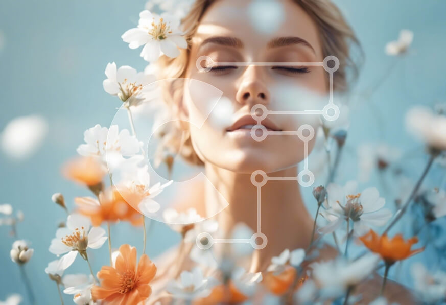 Intra Συλλεκτικό Ξύλινο Παζλ Plywood  4mm - Γαλήνια γυναίκα που περιβάλλεται από λευκά και πορτοκαλί λουλούδια Σε Ξύλινο Κουτί - Διαστάσεις Puzzle: 10x10 cm – 25 κομμάτια