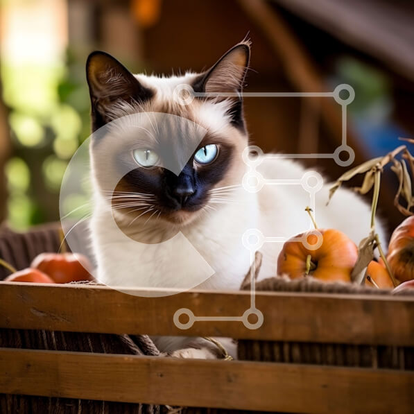 Intra Συλλεκτικό Ξύλινο Παζλ Plywood  4mm - Αξιολάτρευτη σιαμέζα γάτα σε ένα τελάρο γεμάτο κολοκύθες Σε Ξύλινο Κουτί - Διαστάσεις: 10x10 cm – 25 κομμάτια