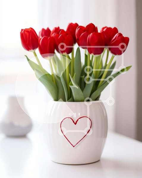 Intra Συλλεκτικό Ξύλινο Παζλ Plywood  4mm - Μπουκέτο με κόκκινη τουλίπα σε σχήμα καρδιάς σε λευκό βάζο Σε Ξύλινο Κουτί - Διαστάσεις Puzzle: 10x10 cm – 25 κομμάτια