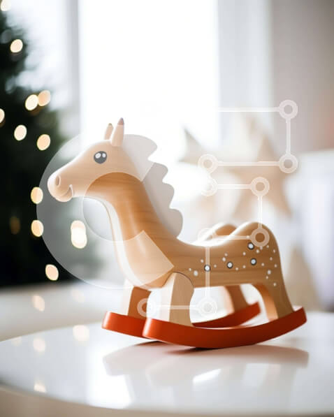 Intra Συλλεκτικό Ξύλινο Παζλ Plywood  4mm - Ξύλινο κουνιστό άλογο στο τραπέζι με το χριστουγεννιάτικο δέντρο Σε Ξύλινο Κουτί - Διαστάσεις Puzzle: 10x10 cm – 25 κομμάτια