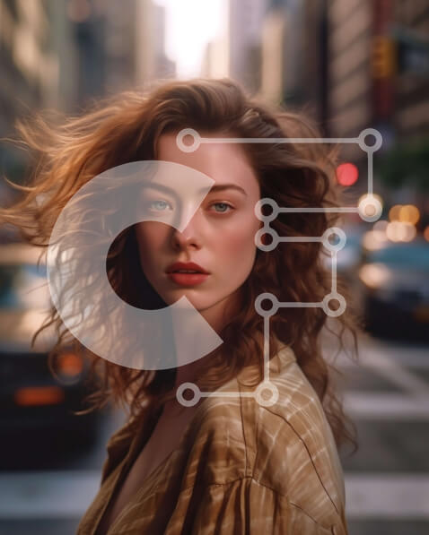 Intra Συλλεκτικό Ξύλινο Παζλ Plywood  4mm - Κομψή γυναίκα με κόκκινα σγουρά μαλλιά στο City Street Σε Ξύλινο Κουτί - Διαστάσεις Puzzle: 10x10 cm – 25 κομμάτια