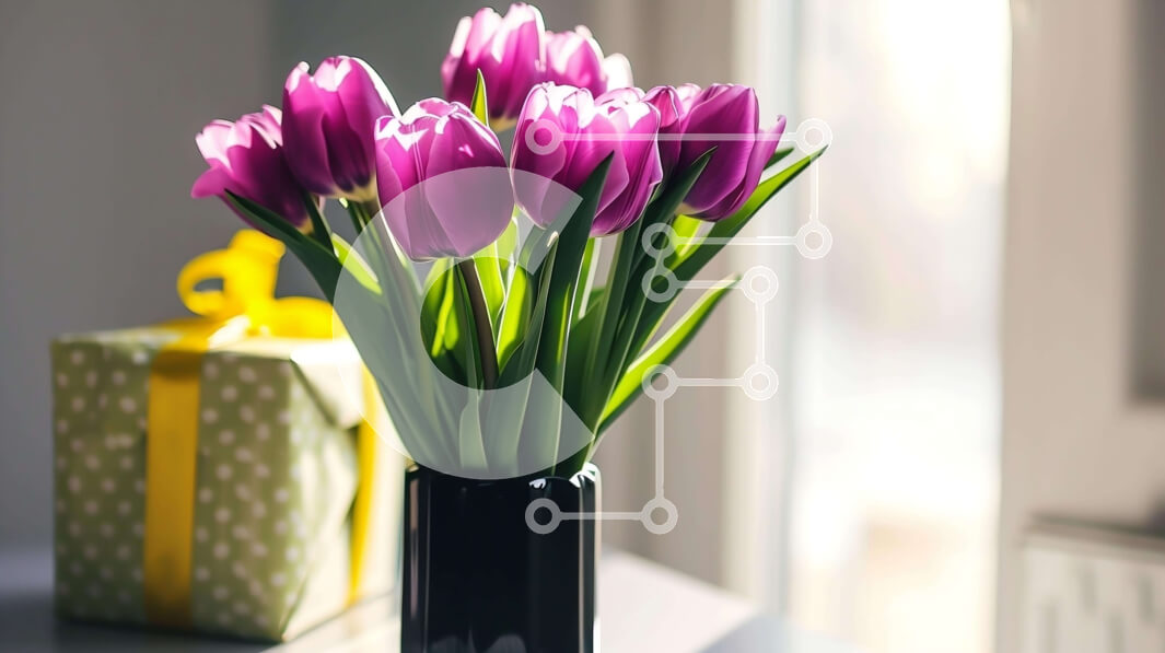 Intra Συλλεκτικό Ξύλινο Παζλ Plywood  4mm - Μωβ τουλίπες σε μαύρο βάζο με κίτρινο κουτί δώρου Σε Ξύλινο Κουτί - Διαστάσεις: 10x10 cm – 25 κομμάτια