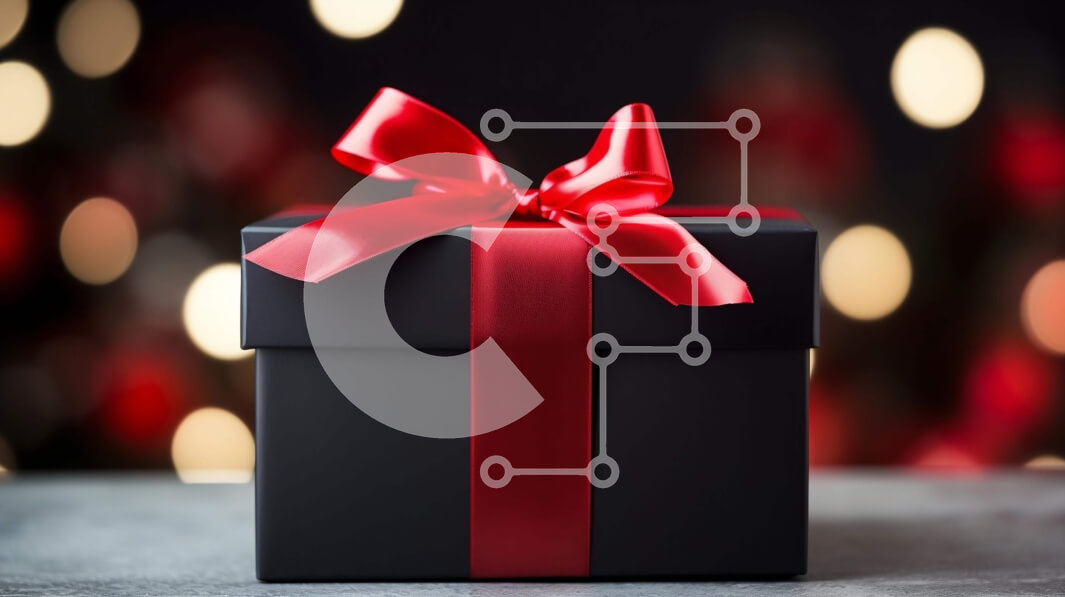 Intra Συλλεκτικό Ξύλινο Παζλ Plywood  4mm - Μαύρο κουτί δώρου με κόκκινη κορδέλα στο τραπέζι με πολύχρωμα φώτα Σε Ξύλινο Κουτί - Διαστάσεις Puzzle: 10x10 cm – 25 κομμάτια