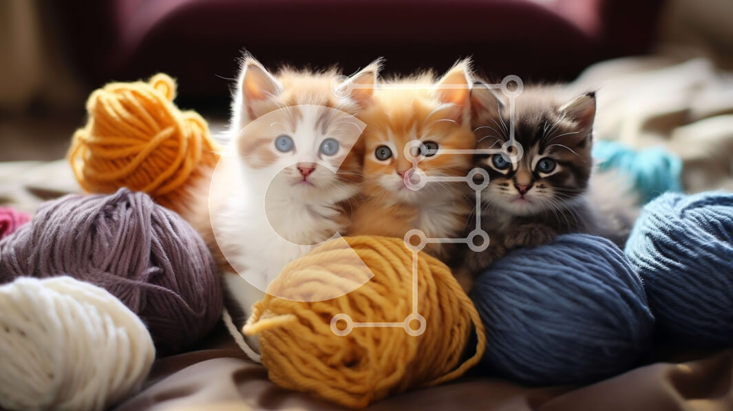 Intra Συλλεκτικό Ξύλινο Παζλ Plywood  4mm - Τρία γατάκια που παίζουν σε ένα κρεβάτι με πολύχρωμες μπάλες από νήματα Σε Ξύλινο Κουτί - Διαστάσεις: 10x10 cm – 25 κομμάτια