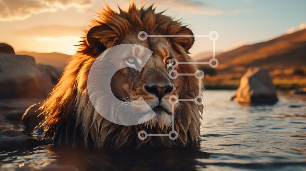 Intra Συλλεκτικό Ξύλινο Παζλ Plywood  4mm - Λιοντάρι που κάθεται στο νερό στο ηλιοβασίλεμα Σε Ξύλινο Κουτί - Διαστάσεις: 10x10 cm – 25 κομμάτια