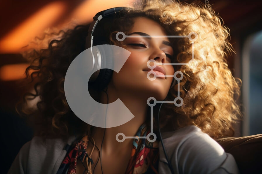 Intra Συλλεκτικό Ξύλινο Παζλ Plywood  4mm - Χαλαρώνοντας με μουσική: Νεαρή γυναίκα με σγουρά μαλλιά σε έναν καναπέ με χαμηλό φωτισμό Σε Ξύλινο Κουτί - Διαστάσεις Puzzle: 10x10 cm – 25 κομμάτια