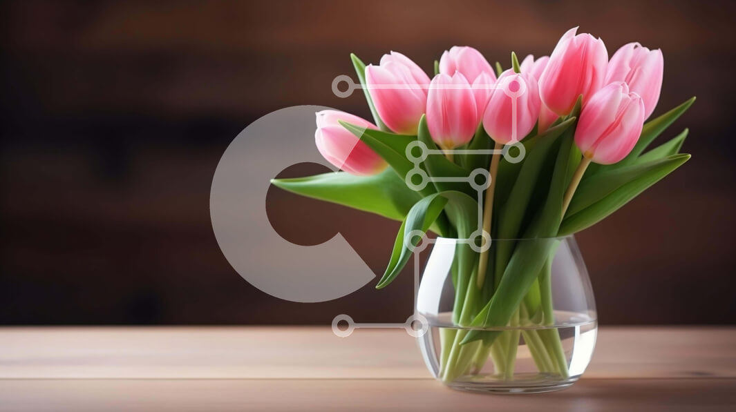 Intra Συλλεκτικό Ξύλινο Παζλ Plywood  4mm - Φρέσκες ροζ τουλίπες σε διαφανές γυάλινο βάζο σε ξύλινο τραπέζι Σε Ξύλινο Κουτί - Διαστάσεις: 10x10 cm – 25 κομμάτια