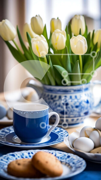 Intra Συλλεκτικό Ξύλινο Παζλ Plywood  4mm - Τραπεζαρία με λευκές τουλίπες, μπλε πιάτα και μπισκότα Σε Ξύλινο Κουτί - Διαστάσεις: 10x10 cm – 25 κομμάτια