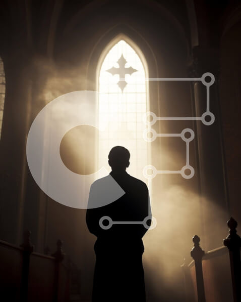 Intra Συλλεκτικό Ξύλινο Παζλ Plywood  4mm - Σκιαγραφημένος άνθρωπος μπροστά από το ανοιχτό παράθυρο της εκκλησίας με την ομίχλη Σε Ξύλινο Κουτί - Διαστάσεις Puzzle: 10x10 cm – 25 κομμάτια