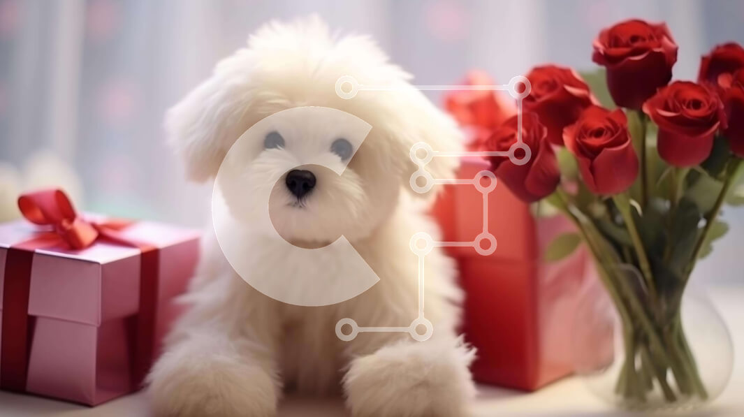 Intra Συλλεκτικό Ξύλινο Παζλ Plywood  4mm - Γιορτή του Αγίου Βαλεντίνου με μικρό λευκό σκυλάκι, κόκκινα τριαντάφυλλα και κουτιά δώρων Σε Ξύλινο Κουτί - Διαστάσεις: 10x10 cm – 25 κομμάτια