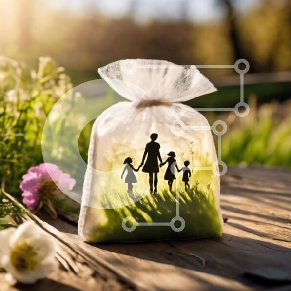 Intra Συλλεκτικό Ξύλινο Παζλ Plywood  4mm - Μητέρα και δύο παιδιά σιλουέτα ενάντια στο πράσινο γρασίδι και τα λουλούδια Σε Ξύλινο Κουτί - Διαστάσεις: 10x10 cm – 25 κομμάτια