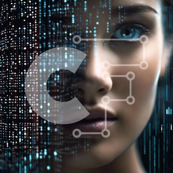 Intra Συλλεκτικό Ξύλινο Παζλ Plywood  4mm - Αφηρημένο ψηφιακό μοτίβο γυναικείου προσώπου με φόντο δυαδικού κώδικα Σε Ξύλινο Κουτί - Διαστάσεις Puzzle: 10x10 cm – 25 κομμάτια