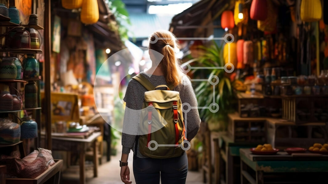 Intra Συλλεκτικό Ξύλινο Παζλ Plywood  4mm - Γυναίκα που εξερευνά το σοκάκι της αγοράς με το σακίδιο Σε Ξύλινο Κουτί - Διαστάσεις Puzzle: 10x10 cm – 25 κομμάτια