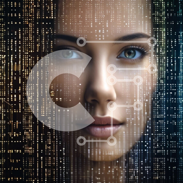 Intra Συλλεκτικό Ξύλινο Παζλ Plywood  4mm - Αφηρημένη ψηφιακή τέχνη: Γυναικείο πρόσωπο με φόντο δυαδικού κώδικα Σε Ξύλινο Κουτί - Διαστάσεις Puzzle: 10x10 cm – 25 κομμάτια