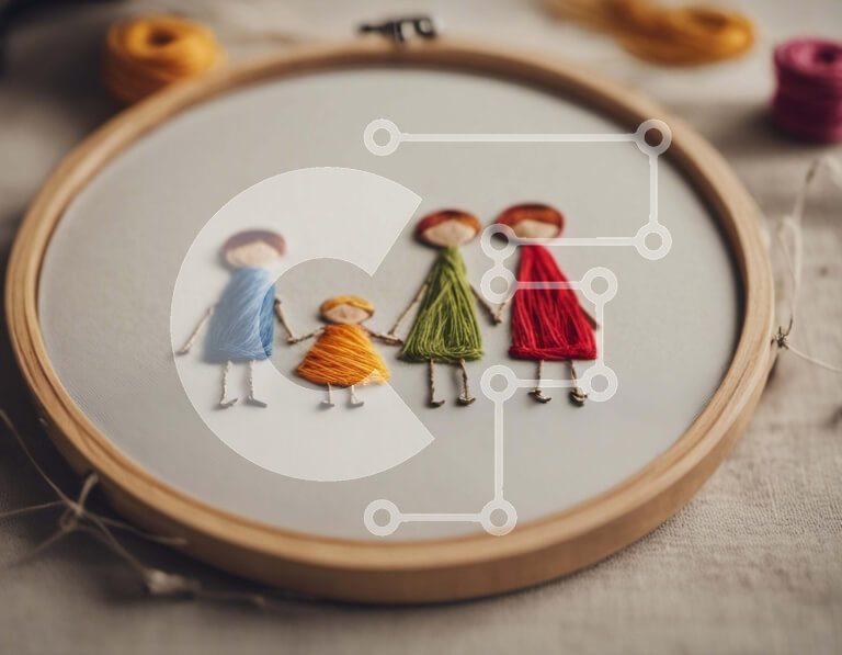 Intra Συλλεκτικό Ξύλινο Παζλ Plywood  4mm - Κέντημα τσέρκι με οικογενειακό πορτρέτο Σε Ξύλινο Κουτί - Διαστάσεις Puzzle: 10x10 cm – 25 κομμάτια