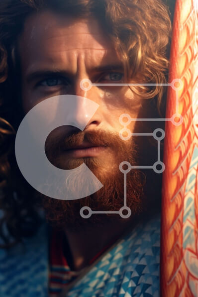 Intra Συλλεκτικό Ξύλινο Παζλ Plywood  4mm - Σοβαρός άνδρας με σγουρά μαλλιά και γένια που κουβαλά μια σανίδα του σερφ Σε Ξύλινο Κουτί - Διαστάσεις Puzzle: 10x10 cm – 25 κομμάτια