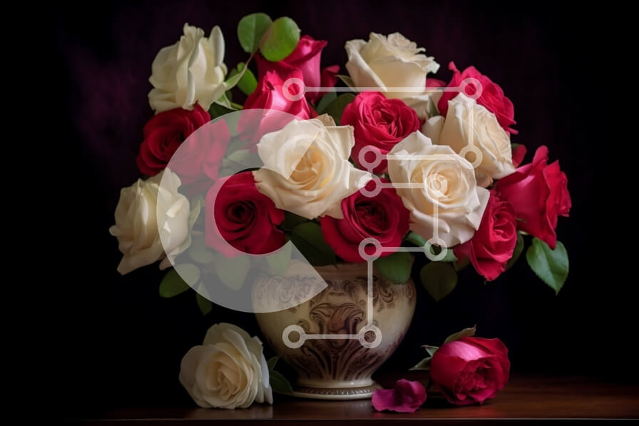 Intra Συλλεκτικό Ξύλινο Παζλ Plywood  4mm - Όμορφη εικόνα με κόκκινα και λευκά τριαντάφυλλα σε ένα καταρράκτη βάζο Σε Ξύλινο Κουτί - Διαστάσεις: 10x10 cm – 25 κομμάτια