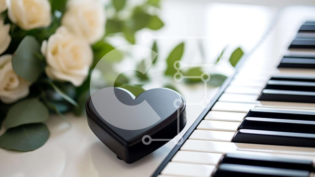 Intra Συλλεκτικό Ξύλινο Παζλ Plywood  4mm - Μαύρο αντικείμενο σε σχήμα καρδιάς και λευκά τριαντάφυλλα στο πληκτρολόγιο πιάνου Σε Ξύλινο Κουτί - Διαστάσεις: 10x10 cm – 25 κομμάτια