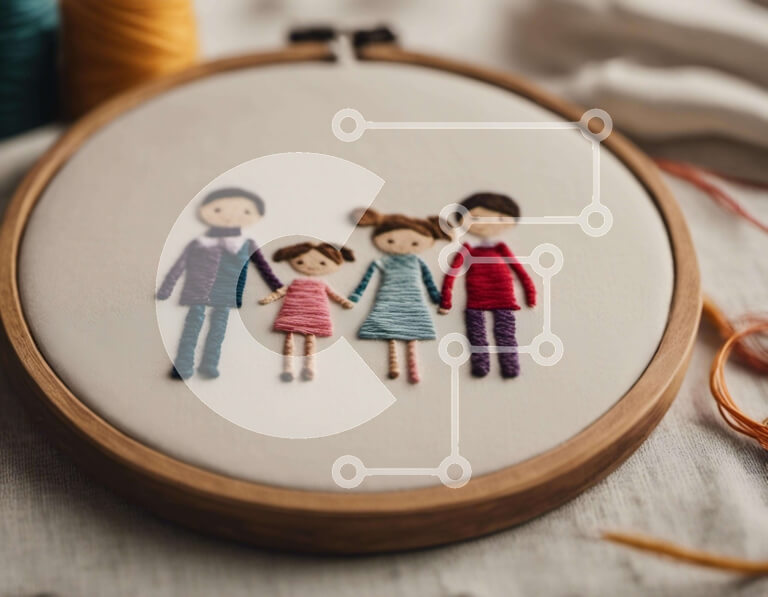 Intra Συλλεκτικό Ξύλινο Παζλ Plywood  4mm - Τσέρκι κεντήματος με Οικογένεια ζωγραφισμένη στο χέρι Σε Ξύλινο Κουτί - Διαστάσεις Puzzle: 10x10 cm – 25 κομμάτια