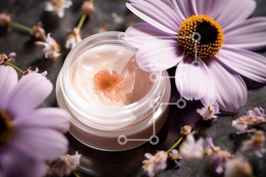 Intra Συλλεκτικό Ξύλινο Παζλ Plywood  4mm - Όμορφη εικόνα μιας φυσικής κρέμας προσώπου με μωβ λουλούδια Σε Ξύλινο Κουτί - Διαστάσεις Puzzle: 10x10 cm – 25 κομμάτια