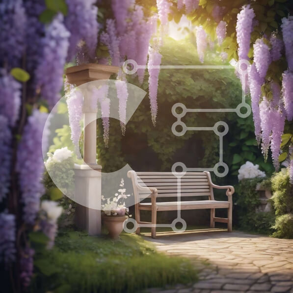 Intra Συλλεκτικό Ξύλινο Παζλ Plywood  4mm - Ήσυχο κήπο με λουλούδια Wisteria και παγκάκια Σε Ξύλινο Κουτί - Διαστάσεις Puzzle: 10x10 cm – 25 κομμάτια