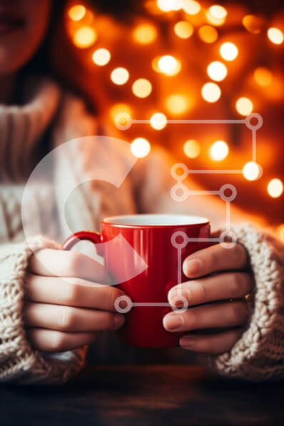 Intra Συλλεκτικό Ξύλινο Παζλ Plywood  4mm - Γυναίκα που κρατά ένα διακοσμημένο κόκκινο φλιτζάνι καφέ σε ένα ζεστό χειμερινό σκηνικό Σε Ξύλινο Κουτί - Διαστάσεις Puzzle: 10x10 cm – 25 κομμάτια