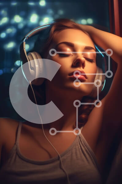 Intra Συλλεκτικό Ξύλινο Παζλ Plywood  4mm - Χαλαρωτική στιγμή: Γυναίκα που ακούει μουσική σε έναν καναπέ σε ένα δωμάτιο με χαμηλό φωτισμό Σε Ξύλινο Κουτί - Διαστάσεις Puzzle: 10x10 cm – 25 κομμάτια