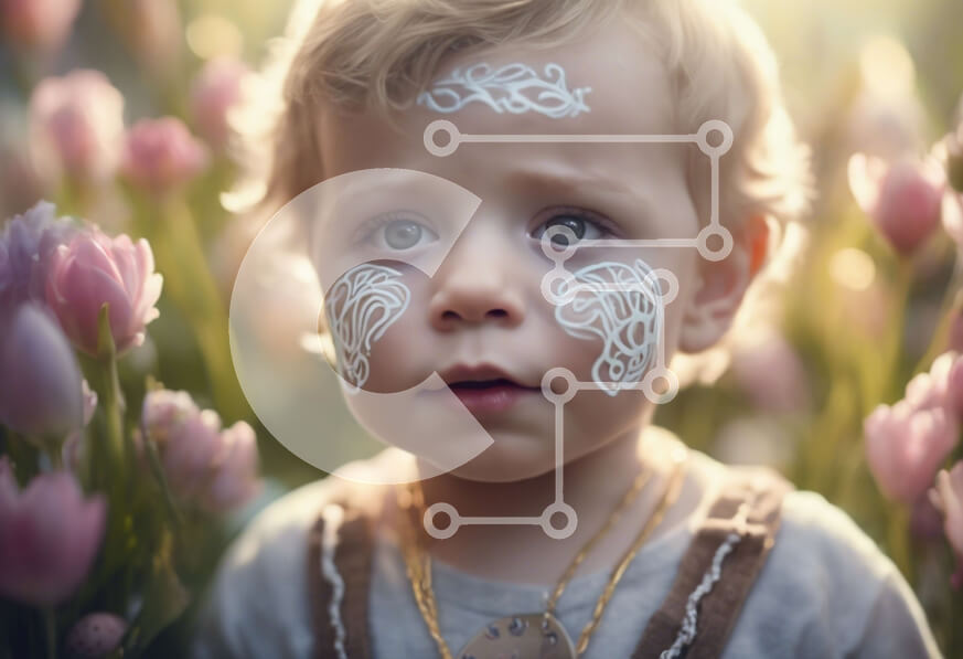 Intra Συλλεκτικό Ξύλινο Παζλ Plywood  4mm - Νεαρό αγόρι με λευκή μπογιά και κοσμήματα που περιβάλλεται από ροζ τουλίπες Σε Ξύλινο Κουτί - Διαστάσεις Puzzle: 10x10 cm – 25 κομμάτια