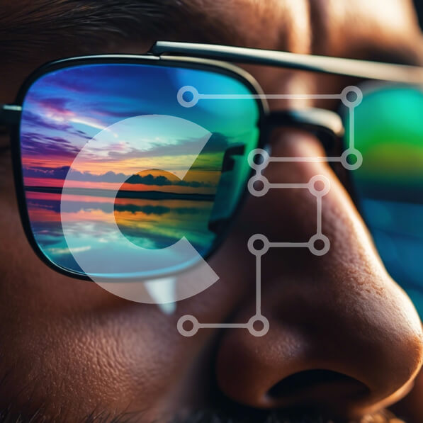 Intra Συλλεκτικό Ξύλινο Παζλ Plywood  4mm - Άνδρας που φοράει γυαλιά ηλίου με πολύχρωμες αντανακλάσεις του ουρανού και του ηλιοβασιλέματος Σε Ξύλινο Κουτί - Διαστάσεις Puzzle: 10x10 cm – 25 κομμάτια