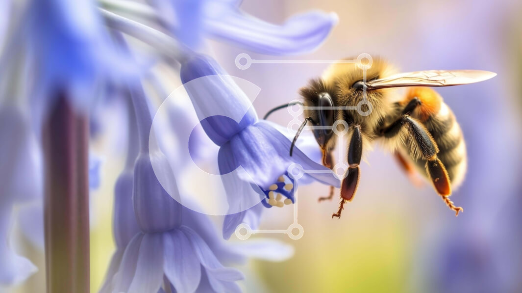 Intra Συλλεκτικό Ξύλινο Παζλ Plywood  4mm - Μέλισσα αιωρείται κοντά σε μπλε λουλούδια Σε Ξύλινο Κουτί - Διαστάσεις: 10x10 cm – 25 κομμάτια