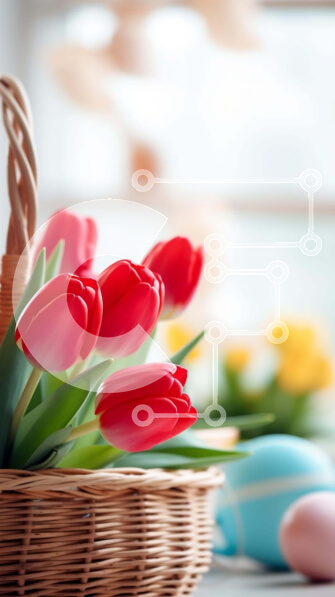 Intra Συλλεκτικό Ξύλινο Παζλ Plywood  4mm - Κόκκινες τουλίπες και Πασχαλινά αυγά στο ψάθινο καλάθι Σε Ξύλινο Κουτί - Διαστάσεις Puzzle: 10x10 cm – 25 κομμάτια