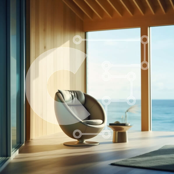 Intra Συλλεκτικό Ξύλινο Παζλ Plywood  4mm - Κομψό σαλόνι με θέα στον ωκεανό και λευκή δερμάτινη καρέκλα Σε Ξύλινο Κουτί - Διαστάσεις Puzzle: 10x10 cm – 25 κομμάτια