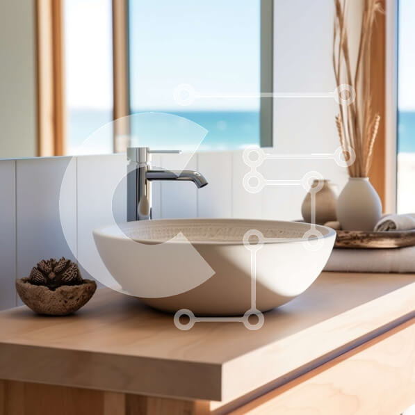 Intra Συλλεκτικό Ξύλινο Παζλ Plywood  4mm - Εκπληκτικό μοντέρνο μπάνιο με θέα στον ωκεανό και νιπτήρα από φυσική πέτρα Σε Ξύλινο Κουτί - Διαστάσεις Puzzle: 10x10 cm – 25 κομμάτια