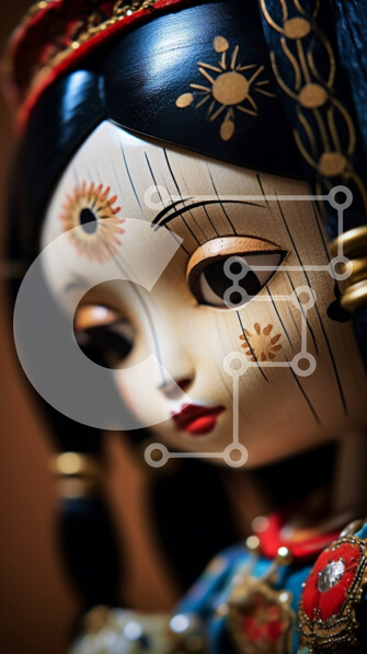 Intra Συλλεκτικό Ξύλινο Παζλ Plywood  4mm - Κοντινό πλάνο του προσώπου της κούκλας με μαύρα μαλλιά και κόκκινο κεφαλό Σε Ξύλινο Κουτί - Διαστάσεις Puzzle: 10x10 cm – 25 κομμάτια