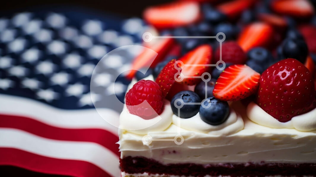 Σετ των 2 Intra Συλλεκτικό Ξύλινο Παζλ Plywood  4mm - Φέτα κέικ με φρέσκα μούρα και φόντο αμερικανικής σημαίας Σε Ξύλινο Κουτί - Διαστάσεις: 10x10 cm – 25 κομμάτια