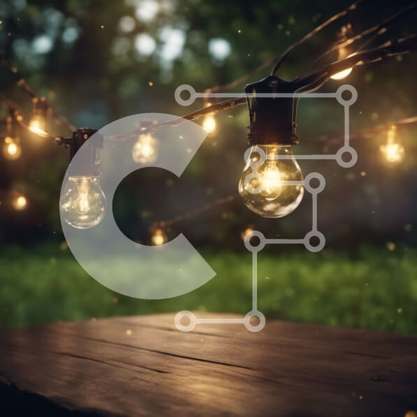 Intra Συλλεκτικό Ξύλινο Παζλ Plywood  4mm - Κορδόνι από λαμπτήρες σε ξύλινο τραπέζι σε πράσινο εξωτερικό περιβάλλον Σε Ξύλινο Κουτί - Διαστάσεις Puzzle: 10x10 cm – 25 κομμάτια