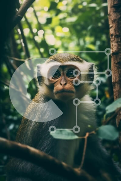 Σετ των 2 Intra Συλλεκτικό Ξύλινο Παζλ Plywood  4mm - Κοντινή εικόνα του προσώπου του πιθήκου με εκφραστικά μάτια σε σκηνικό ζούγκλας Σε Ξύλινο Κουτί - Διαστάσεις: 10x10 cm – 25 κομμάτια