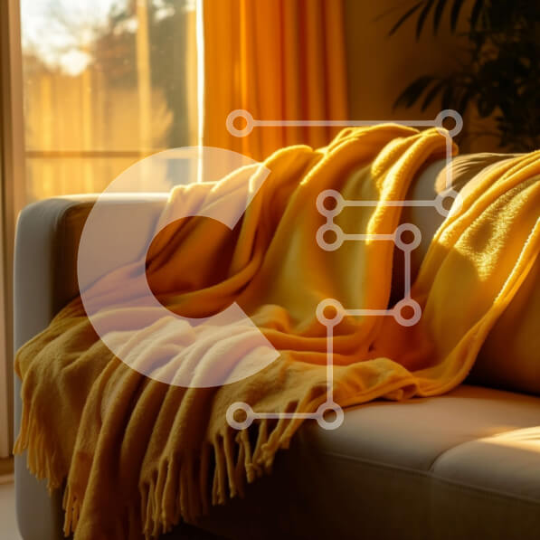 Intra Συλλεκτικό Ξύλινο Παζλ Plywood  4mm - Άνετο σαλόνι με κίτρινη κουβέρτα σε δερμάτινο καναπέ και φυτά Σε Ξύλινο Κουτί - Διαστάσεις Puzzle: 10x10 cm – 25 κομμάτια