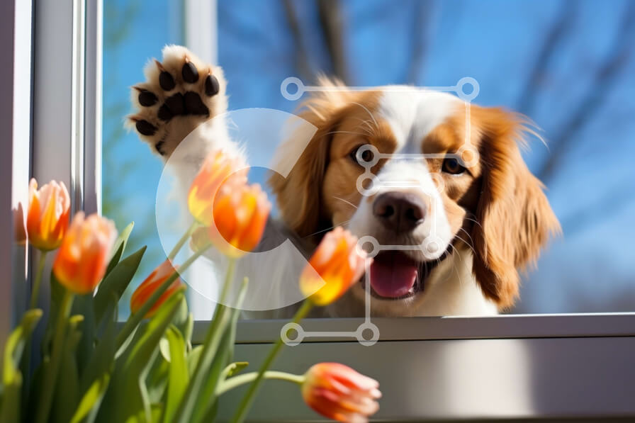 Σετ των 2 Intra Συλλεκτικό Ξύλινο Παζλ Plywood  4mm - Αξιολάτρευτη εικόνα ενός σκύλου που απολαμβάνει τη θέα των τουλίπες Σε Ξύλινο Κουτί - Διαστάσεις: 10x10 cm – 25 κομμάτια