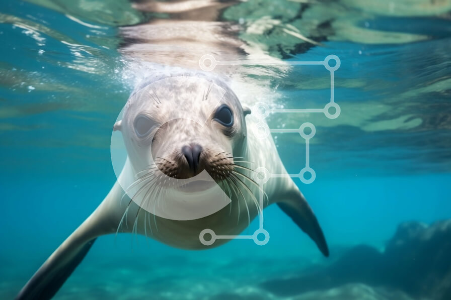 Σετ των 2 Intra Συλλεκτικό Ξύλινο Παζλ Plywood  4mm - Εκπληκτικό κοντινό πλάνο του προσώπου μιας φώκιας υποβρύχια Σε Ξύλινο Κουτί - Διαστάσεις: 10x10 cm – 25 κομμάτια