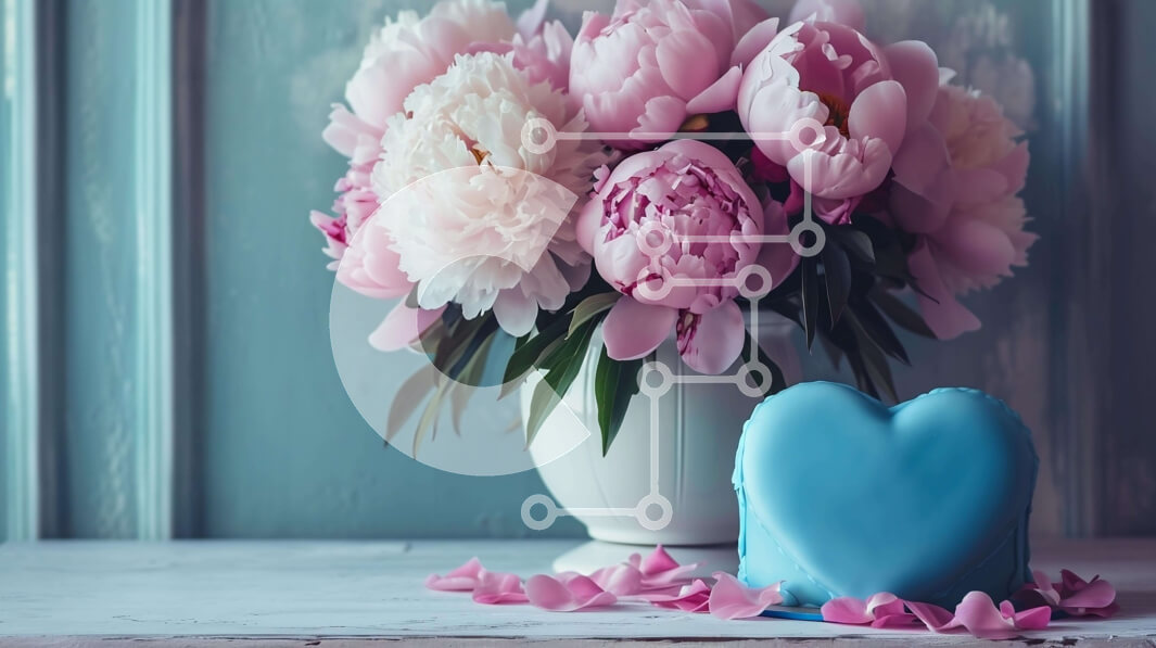 Σετ των 2 Intra Συλλεκτικό Ξύλινο Παζλ Plywood  4mm - Μπλε κέικ σε σχήμα καρδιάς με ροζ λουλούδια και παιώνιες Σε Ξύλινο Κουτί - Διαστάσεις: 10x10 cm – 25 κομμάτια