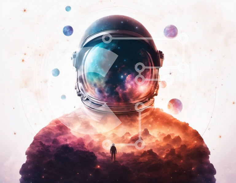 Intra Συλλεκτικό Ξύλινο Παζλ Plywood  4mm - Αστροναύτης με διαστημική στολή με πολύχρωμους πλανήτες και αστέρια Σε Ξύλινο Κουτί - Διαστάσεις Puzzle: 10x10 cm – 25 κομμάτια