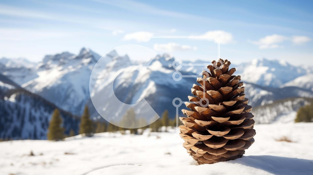 Intra Συλλεκτικό Ξύλινο Παζλ Plywood  4mm - Κουκουνάρι στο χιονισμένο τοπίο με τα βουνά Σε Ξύλινο Κουτί - Διαστάσεις: 10x10 cm – 25 κομμάτια