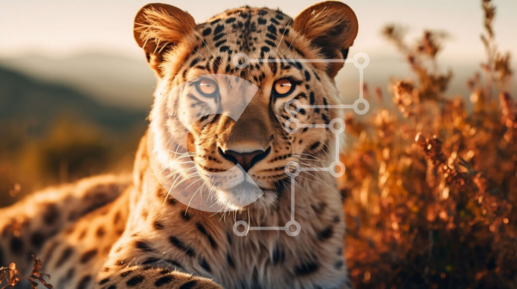 Intra Συλλεκτικό Ξύλινο Παζλ Plywood  4mm - Λεοπάρδαλη σε ένα χωράφι με ψηλό γρασίδι και βουνά Σε Ξύλινο Κουτί - Διαστάσεις: 10x10 cm – 25 κομμάτια