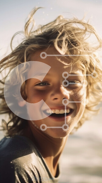 Intra Συλλεκτικό Ξύλινο Παζλ Plywood  4mm - Χαμογελαστό νεαρό αγόρι με κυματιστά μαλλιά στην παραλία Σε Ξύλινο Κουτί - Διαστάσεις Puzzle: 10x10 cm – 25 κομμάτια