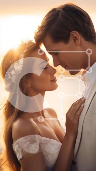 Intra Συλλεκτικό Ξύλινο Παζλ Plywood  4mm - Νεόνυμφο ζευγάρι που αγκαλιάζεται στο ηλιοβασίλεμα πάνω από τον ωκεανό Σε Ξύλινο Κουτί - Διαστάσεις Puzzle: 10x10 cm – 25 κομμάτια