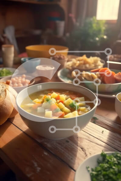 Σετ των 2 Intra Συλλεκτικό Ξύλινο Παζλ Plywood  4mm - Νόστιμη σούπα με φρέσκα λαχανικά σε ρουστίκ ξύλινο τραπέζι Σε Ξύλινο Κουτί - Διαστάσεις: 10x10 cm – 25 κομμάτια