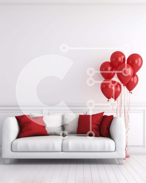 Intra Συλλεκτικό Ξύλινο Παζλ Plywood  4mm - Λευκός καναπές με κόκκινα μπαλόνια σε ένα διακοσμημένο δωμάτιο Σε Ξύλινο Κουτί - Διαστάσεις Puzzle: 10x10 cm – 25 κομμάτια